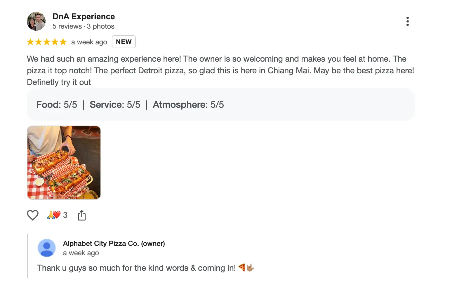 Google review of Alphabet City Pizza Co. Detroit-style pizza in Chiang Mai 8