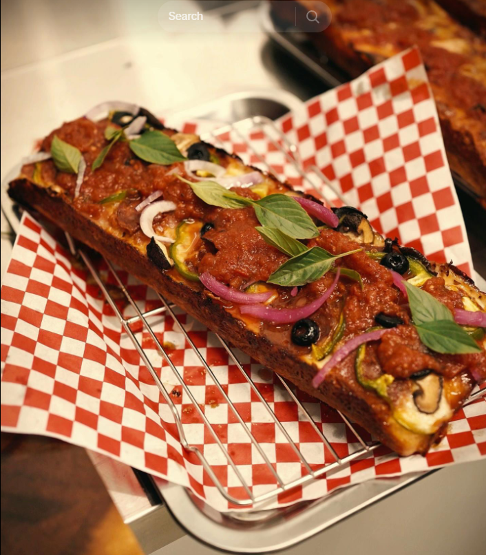 Supreme Clientele Detroit-style pizza with mushrooms, olives and peppers, Chiang Mai