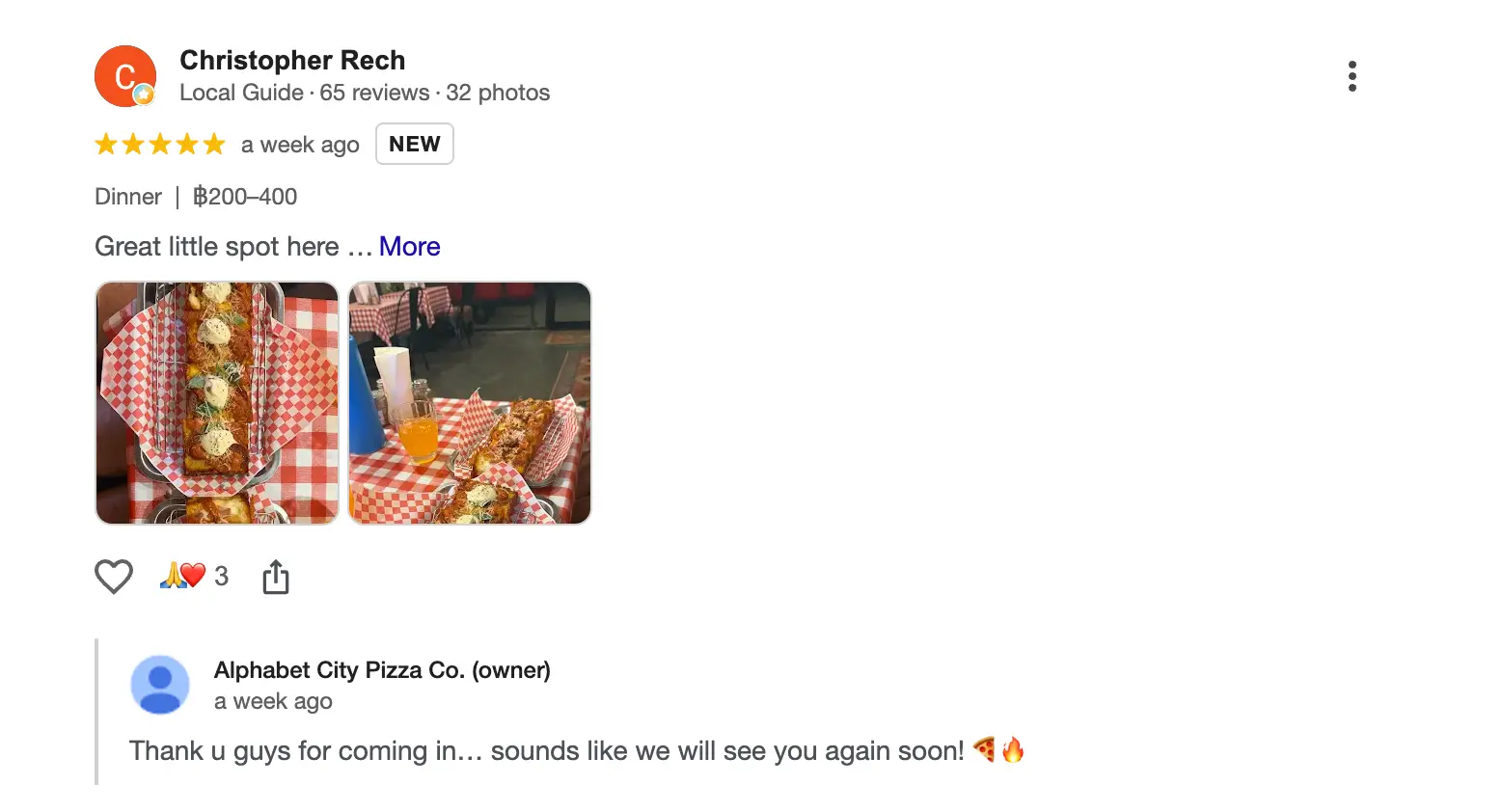 Google review of Alphabet City Pizza Co. Detroit-style pizza in Chiang Mai 2