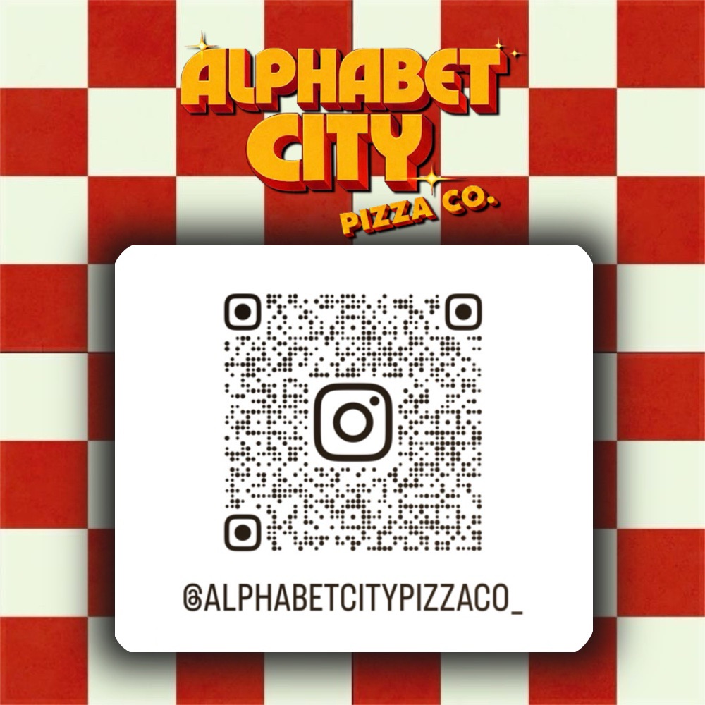 QR code linking to Alphabet City Pizza Co. social media accounts