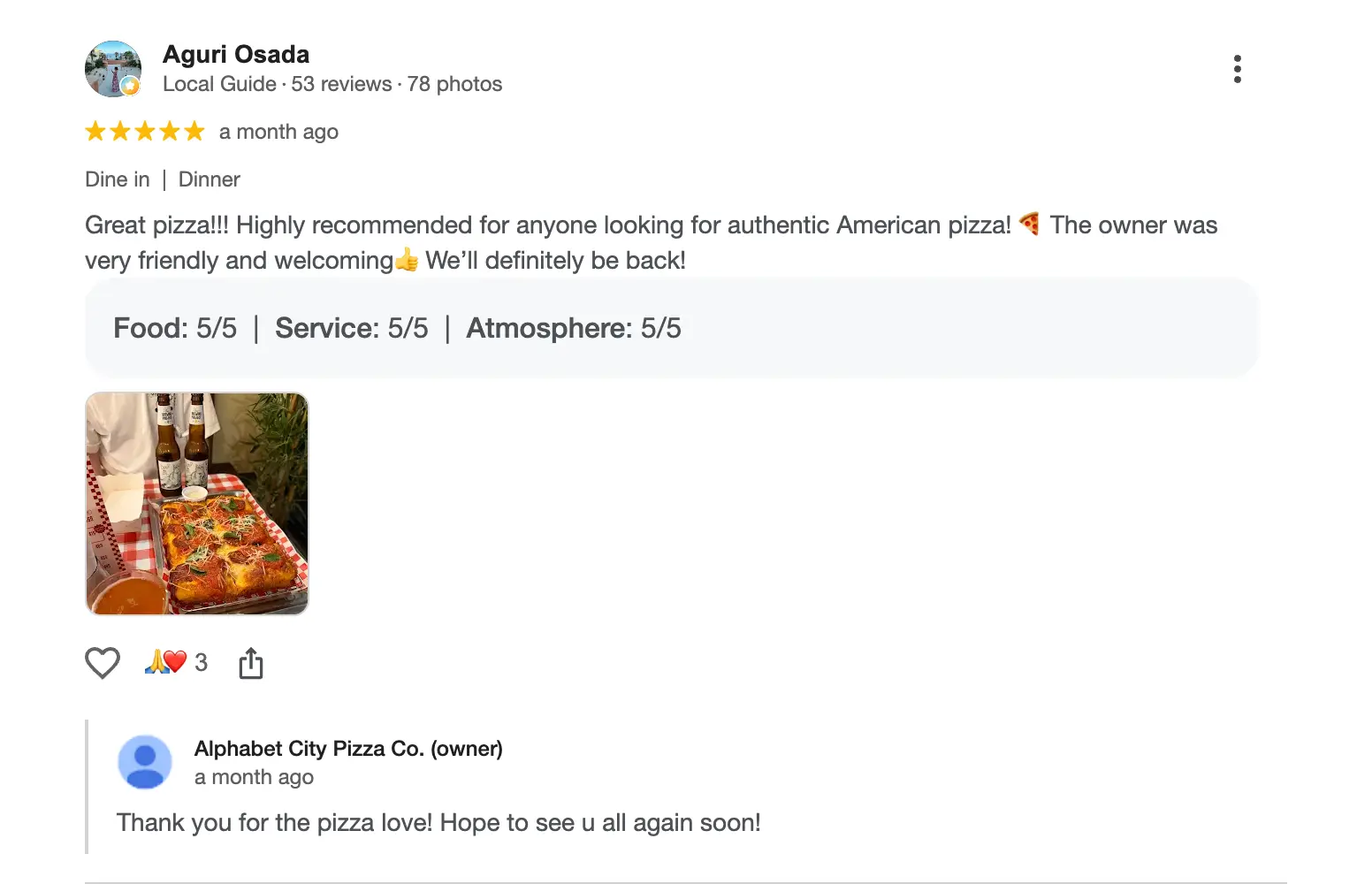 Google review of Alphabet City Pizza Co. Detroit-style pizza in Chiang Mai 1